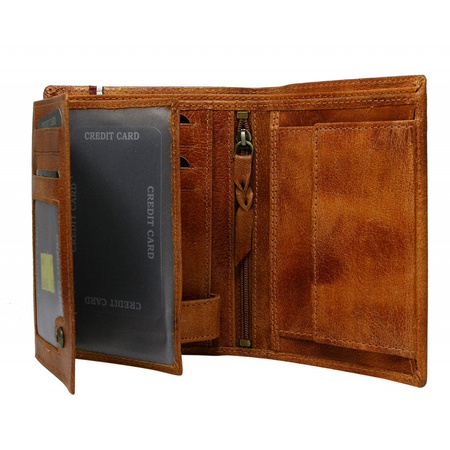 Skórzany portfel męski z orłem - Brązowy Camelowy. Ochrona RFID