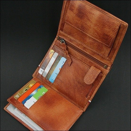 Skórzany portfel męski z orłem - Brązowy Camelowy. Ochrona RFID