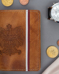 Skórzany portfel męski z orłem - Brązowy Camelowy. Ochrona RFID