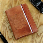 Skórzany portfel męski z orłem - Brązowy Camelowy. Ochrona RFID