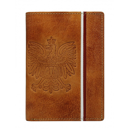 Skórzany portfel męski z orłem - Brązowy Camelowy. Ochrona RFID