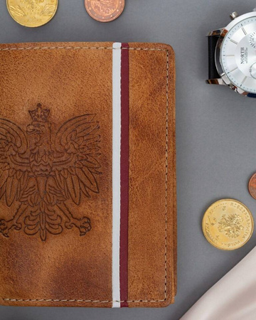 Skórzany portfel męski z orłem - Brązowy Camelowy. Ochrona RFID