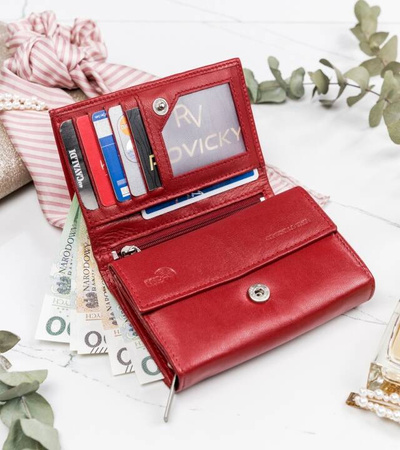 Skórzany portfel damski czerwony średni na suwak. Ochrona RFID