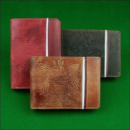 Skórzany portfel męski z orłem - Brązowy Camelowy. Ochrona RFID